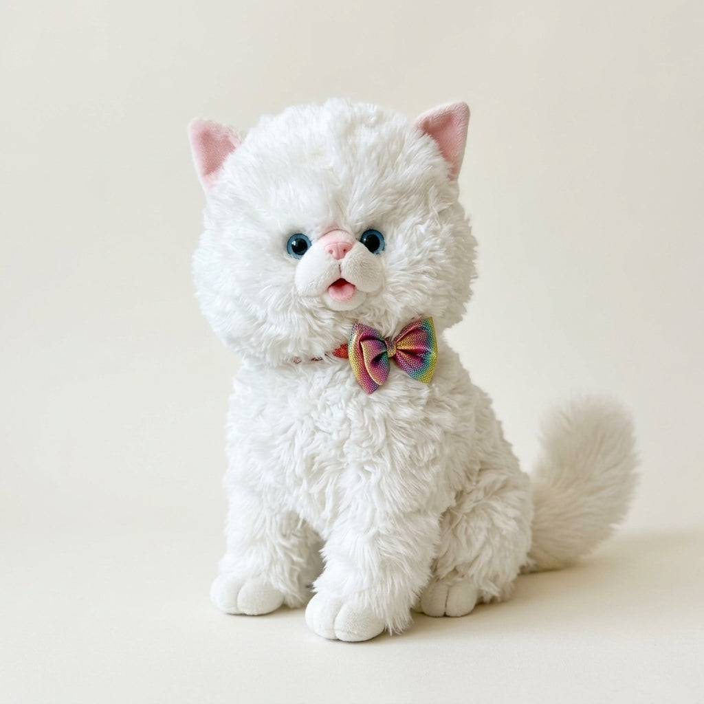 Fluffy White Cat Plush Toy with Rainbow Bow